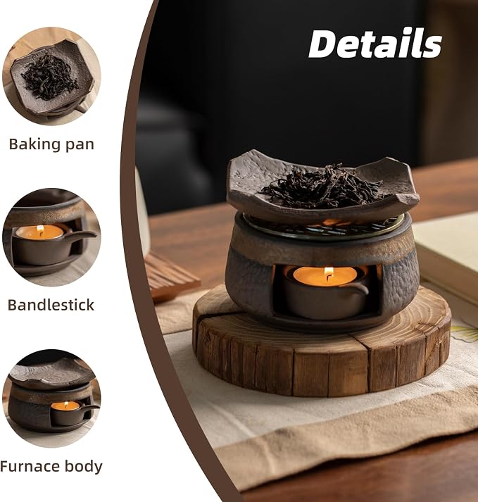Cedar Aromatherapy Burner & Ceramic Oil Warmer for Home & Office (Heat-Resistant Tile Baking Tray + Stone-Patterned Oven + Old elm Wood mat + Accessories)