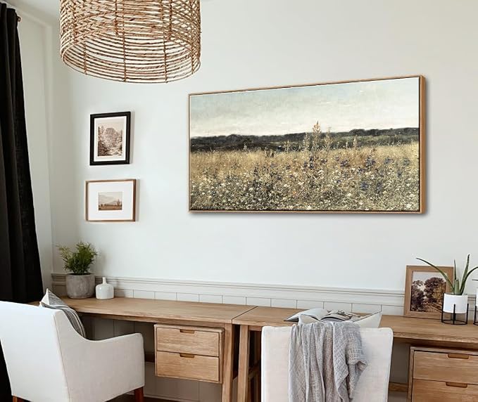 DJSYLIFE Framed Wall Art, Vintage Wildflower Field Canvas, 20x40 Inch | Classical Landscape Prints, Solid Wood Frame, Ready to Hang, Farmhouse Rustic Decor for Living Room, Bedroom