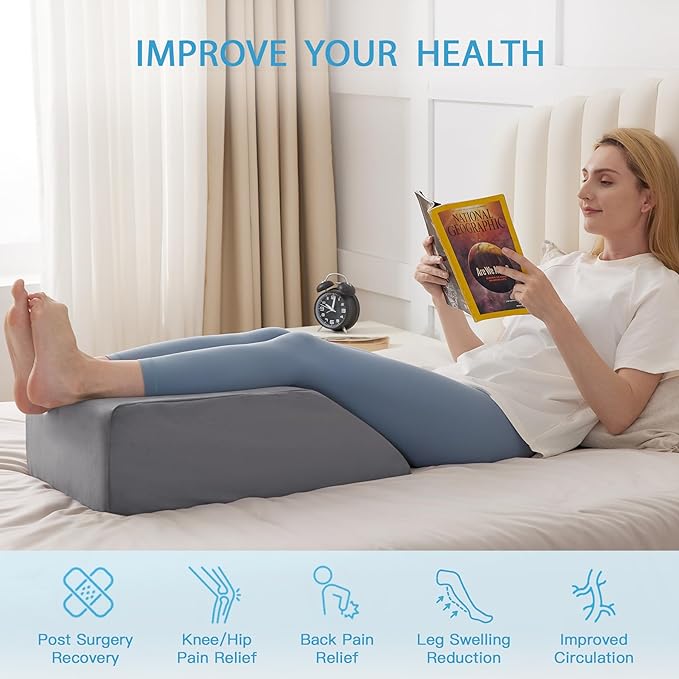 Leg Pillow Elevation Blood Circulation, Leg Wedge for Elevation for Swelling, Leg Elevating Pillow for After Surgery, Memory Foam Foot Knee Pillow for Back Sleeping 24×22×8 Inch Short Plush