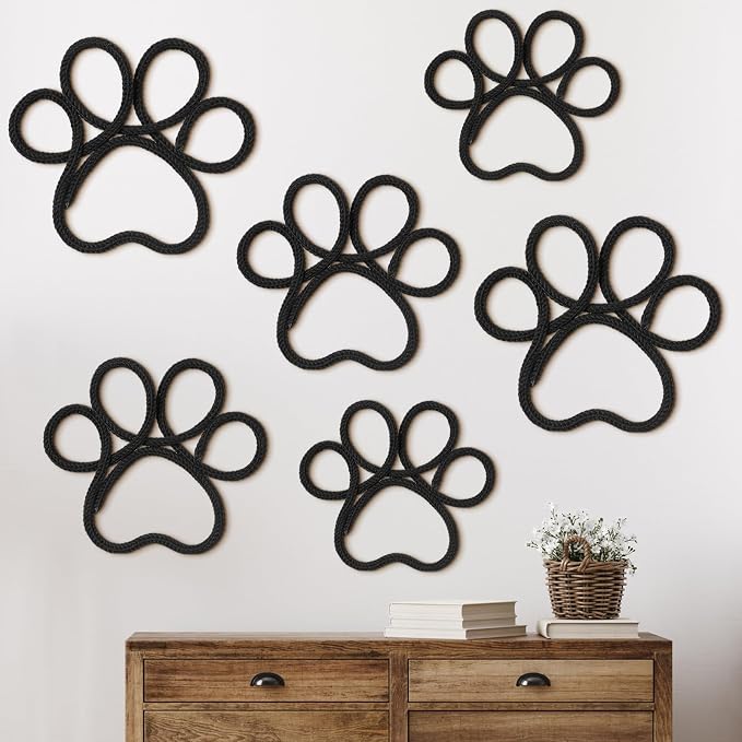 Barydat 6 Pcs Dog Room Decor Black Paw Puppy Woven Wall Hanging 3 Size Pet Wall Decor Nursery Decorations for Home Bathroom Bedroom Kitchen Dorm Art