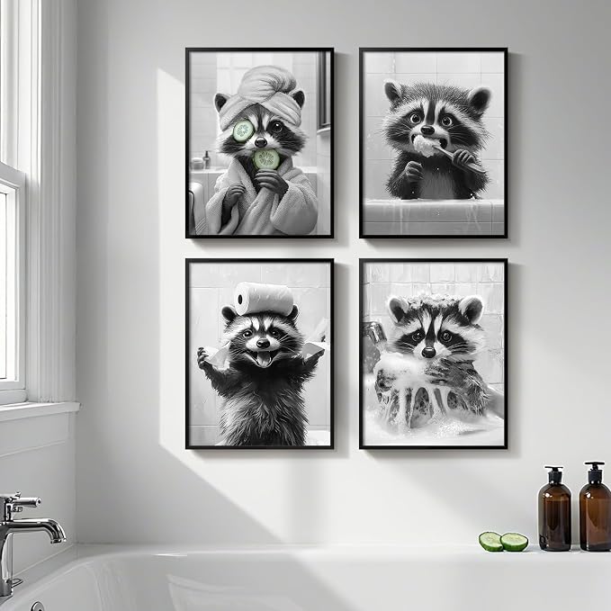 Framed Funny Bathroom Wall Art, 4 Piece Black and White Raccoon Prints, Cute Animal Toilet Canvas Artwork for Restroom Bathroom Home Decor, 11x14 Inch
