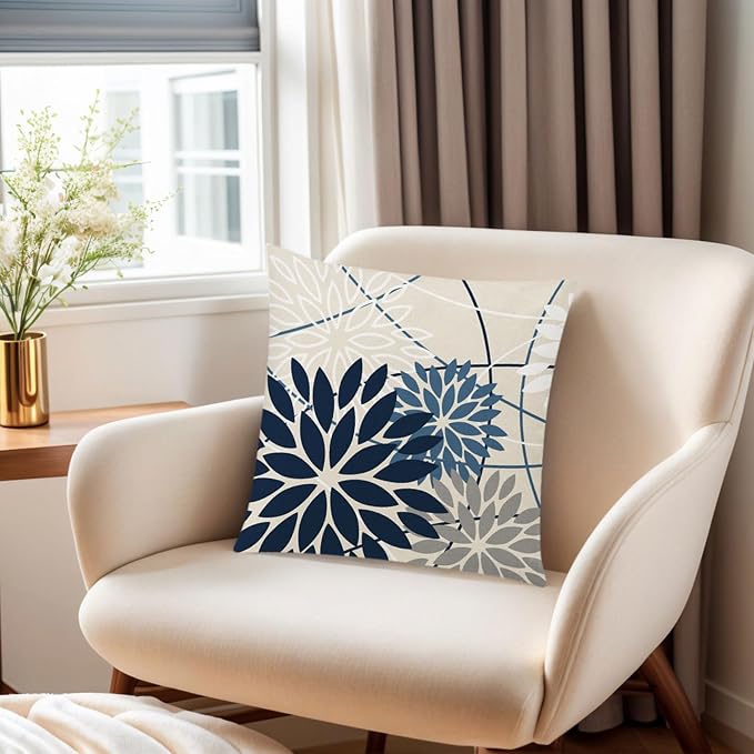 Blue Beige Linen Pillow Covers 16x16 Set 6 Farmhouse Daisy Floral Decor | daisy sunflower dahlia, decorative cushion cover, Breathable Linen, Accent pillow chair small Sofa, modern farmhouse Decor