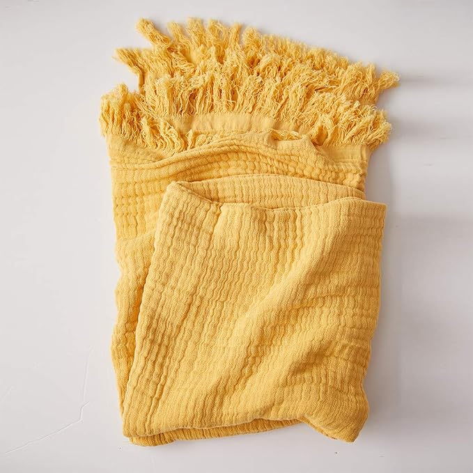 Simple&Opulence Cotton Muslin Throw Blanket for Bed, Couch, Knit Woven Gauze Blanket with Tassels, Soft Lightweight Cozy Pre-Washed Breathable Farmhouse Decoration for All-Season (Yellow)