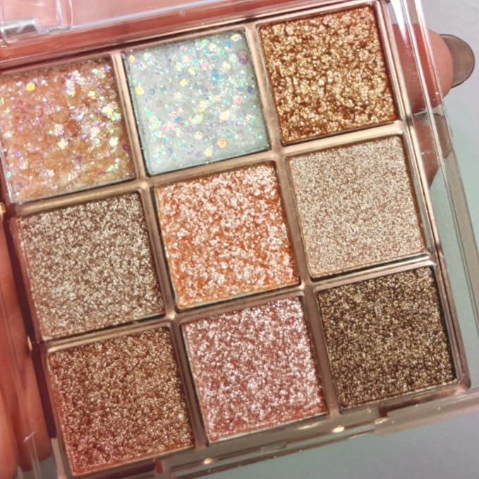 9 Colors Glitter Shimmer Eyeshadow Makeup Palette, Korean Sparkle Neutral Eye Shadow Palettes Highly Pigmented Long Lasting Waterproof Blendable sombras para ojos Pink White Golden Brown Eye Glitter