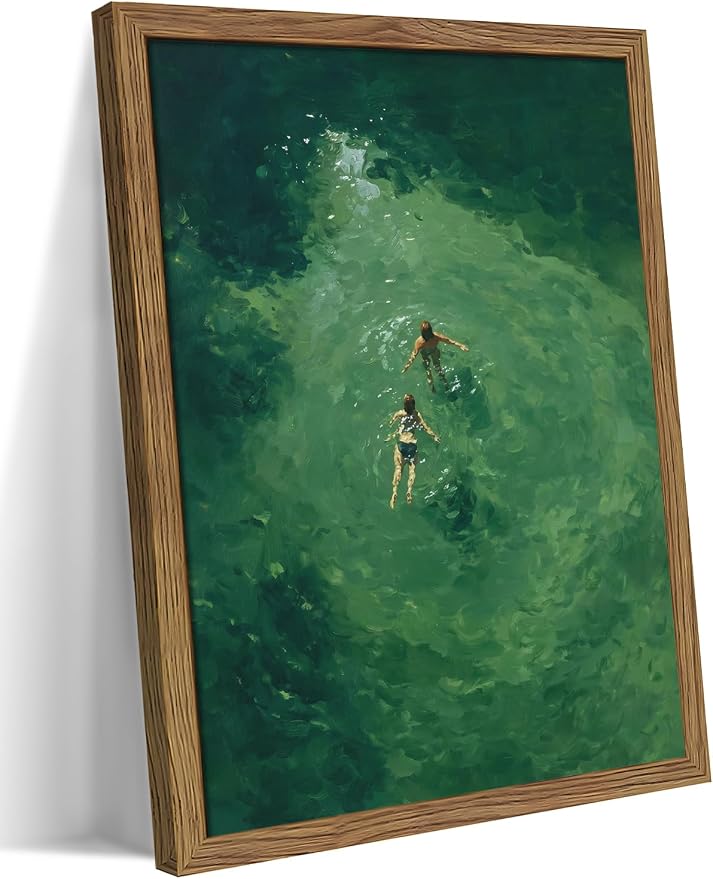 Framed Green Abstract Wall Art, Vintage Summer Swimming Canvas Wall Decor Painting, Minimalist Dark Green Water Landscape Poster Print Picture for Bathroom Bedroom Living Room 12x16 Inch