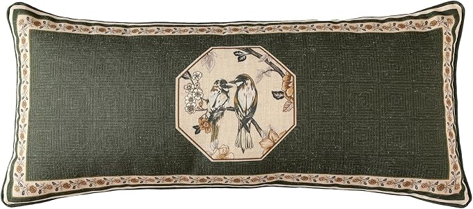 Vintage Elegant Linen Rectangle Throw Pillow Cover,28"x12"-Murad E | Designer French Green Pillow Cover,Concealed Zipper Design,Floral and Bird Pattern,Sofa,Bedroom,Living Room,Lounge Chairs
