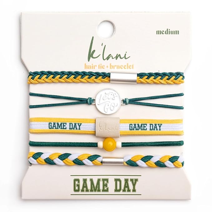K'lani Game Day Hair Tie Bracelets – 5-Pack Stretchy No-Crease Hair Ties & Stylish Bracelets – Team Color Accessory for Hair or Wrist - Green & Yellow, Large