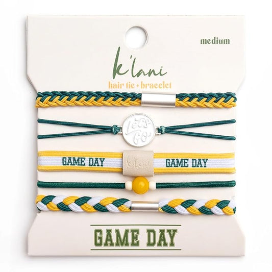 K'lani Game Day Hair Tie Bracelets – 5-Pack Stretchy No-Crease Hair Ties & Stylish Bracelets – Team Color Accessory for Hair or Wrist - Green & Yellow, Medium