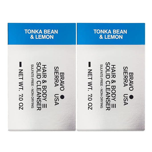 Bravo Sierra Body and Hair Mens Soap Bar, 2-Pack - All-In-One Shampoo & Soap for Face, Hair & Body - Tonka Bean & Lemon, 7 oz - Coconut, Shea Butter & Oat Flour for Soft Skin & Healthy Hair