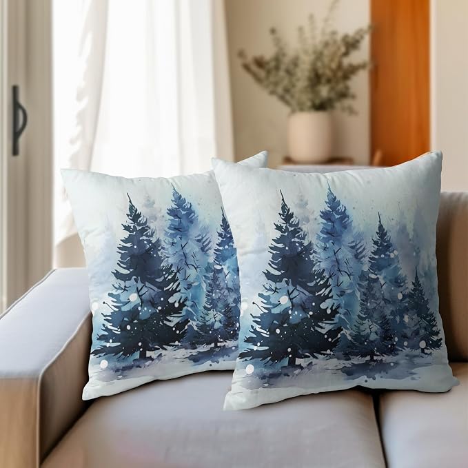 Kawani Winter Blue Forest Pillow Covers 16x16 Inches, Set of 2 Snowflakes Pine Trees Xmas Decorative Cotton Linen Cushion Case Pillowcase for Couch Sofa Bed Living Room Home Decor