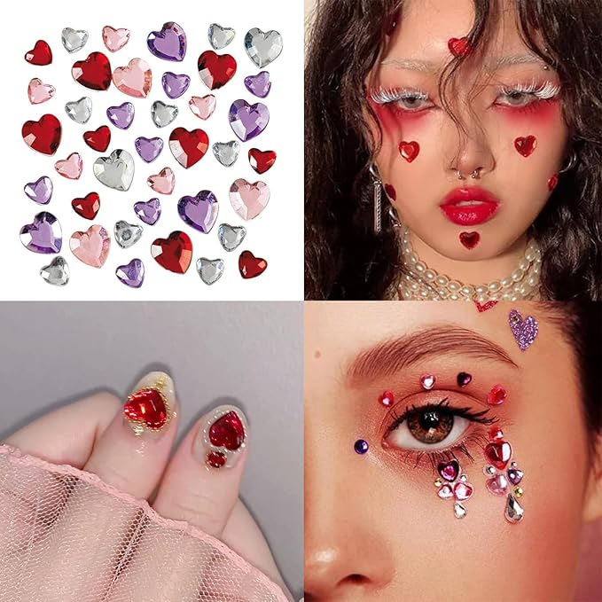 516 Pcs Heart Rhinestones Face Sticker Acrylic Self Adhesive Heart Gems Red Pink Clear Rose Red 6/10/12/18mm