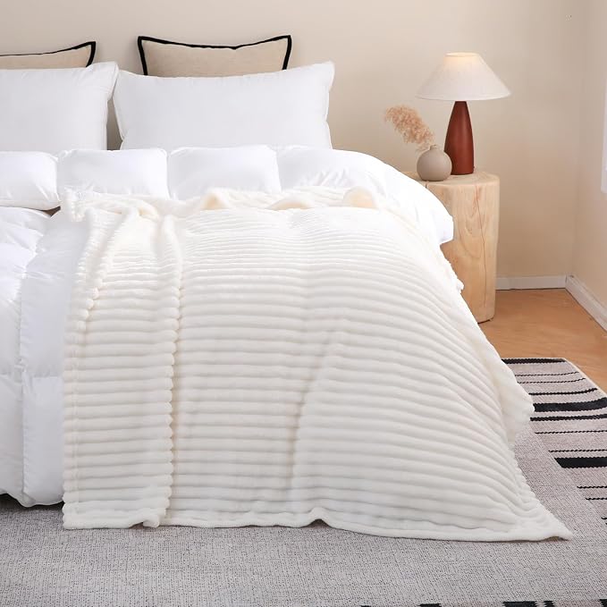Cream White Fleece Throw Blanket 90”×90” for Couch Sofa Livingroom | Super Soft Cozy Plush Microfiber Flannel Bed Blanket Striped Design Lightweight Home Decor Gifts for Adults Mom Women