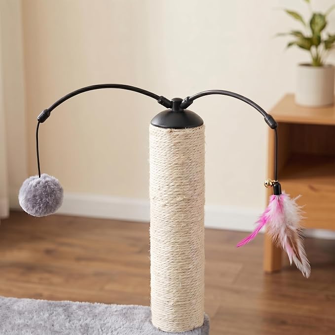 32" Cat Tree for Indoor Cats, 2-in-1 Cat House with Sisal Scratching Post & Ramp, 2-Level Cat Tower with Rotatable Feather & Ball Toys, Stable Grey Cat Condo for Small/Medium Cats, Grey