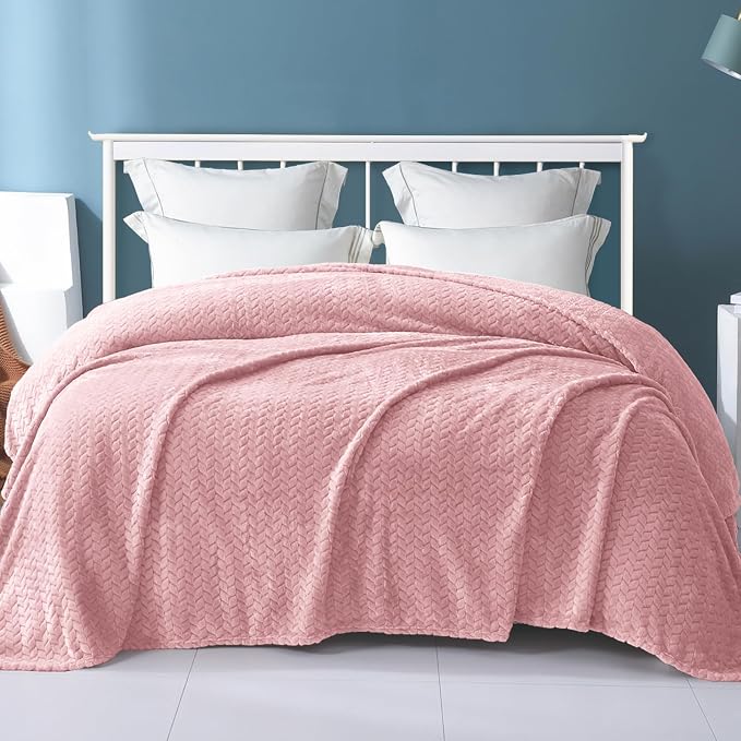 Exclusivo Mezcla Soft Fleece Bed Blanket Queen Size, 90”x90”, Pink | Cozy Fluffy Lightweight Blankets for Summer, Decorative Plush Flannel Throws for Living room, Bedroom with Leaves Pattern