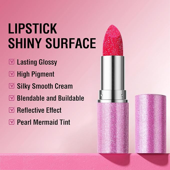 Erinde Glitter Shine Lipstick, Pearl Diamond Shimmery Creamy Lipcolor, Hydrating Glimmer Finish Lipsticks with Creamy Texture, Long Lasting High Pigmented Metallic Lip Stick Lip Stain, 04 Dark Rose