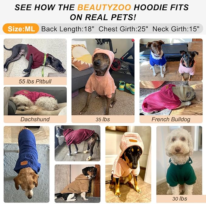 BEAUTYZOO Dog Hoodies Sweater for Medium Dogs, Waffle‑Like Laminated Coat | Warm Dog Sweatshirt with Pocket & Leash Hole, Pullover Clothes for Girl Boy Dogs, Stretchy & Easy‑On‑Off, Bulldogs Pitbulls