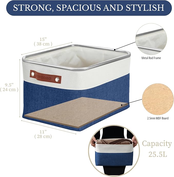 DECOMOMO Storage Bins, Large Fabric Storage Baskets for Shelves 3 Pack | 15 x 11 x 9.5 inches Decorative Linen Closet Organizers (Navy Blue & White)