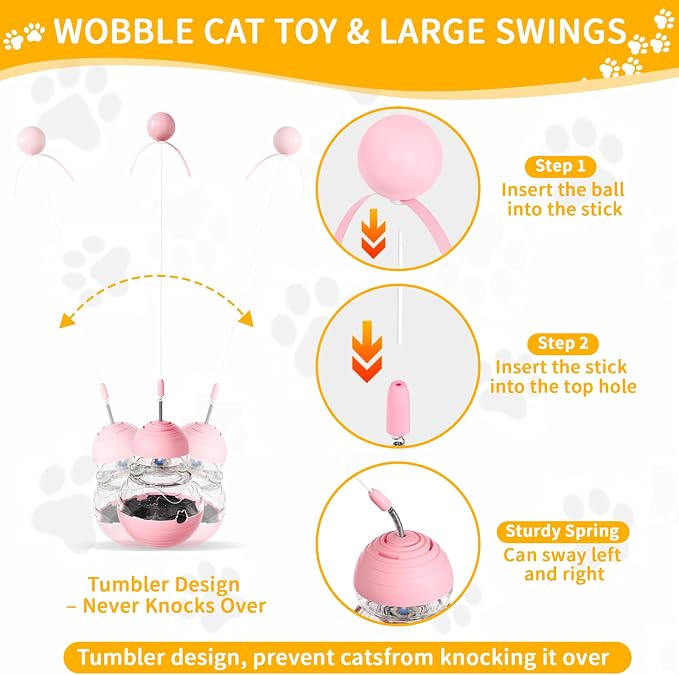 Interactive Wobble Cat Toy, Slow Food Treat Dispenser for Cats, Pink