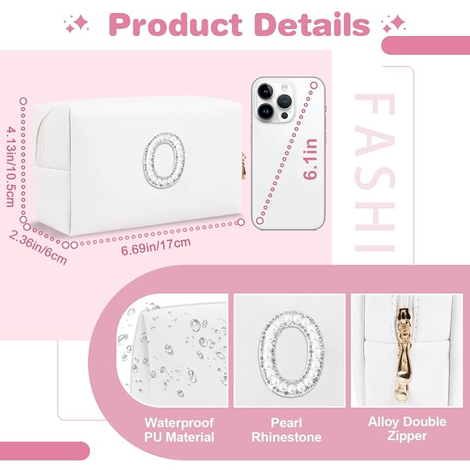 Bride Gifts – Personalized Initial Makeup Bag with Pearl Rhinestone Patch, Preppy White Monogram Cosmetic/Toiletry Pouch, bridesmaid Gifts, Bridal Shower Gifts, Wedding Gifts, Bridal Gifts,O