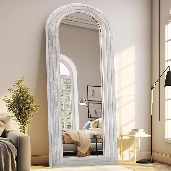 ZHUNFA Arched Full Length Mirror with Solid Wood Frame | 65x22 Farmhouse Wall Mirror Full Length with Stand, Vertical Hanging, Leaning Standing for Bedroom,Living Room, Rustic White