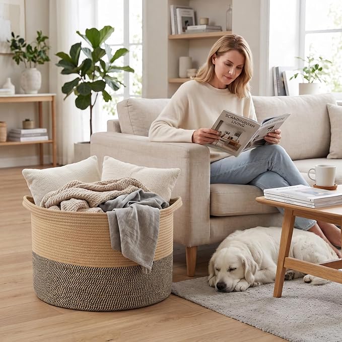115L Extra Large Blanket Basket,Woven Laundry Basket-Jute&Black | Collapsible, reinforced handles, nursery storage bin organizes clothes, toys and pillows for living room, bedroom bathroom