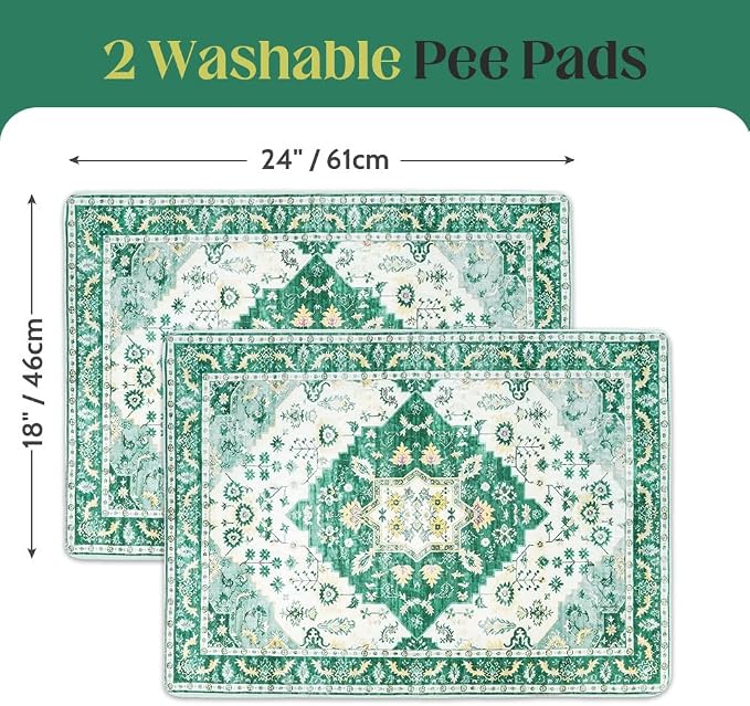 Washable Pee Pads for Dogs, 2 Pack Reusable Puppy Training Pads 24"x18" Super Absorbent Waterproof Dog Training Pads, Non-Slip Potty Pads, Whelping Pads Litter Mat Green Medallion