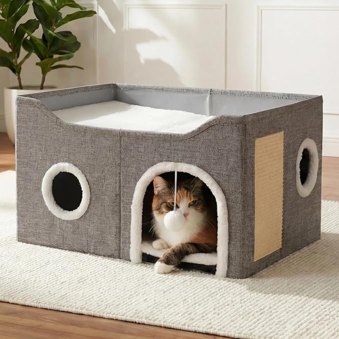 Eolahalcy Cat Beds for Indoor Cats - Large Cat Cave for Pet Cat House with Fluffy Ball Hanging and Scratch Pad, Foldable Cat Houses for Large Indoor Cats,Cat Hideaway, 23.8x15.9x13.2 inches, Grey