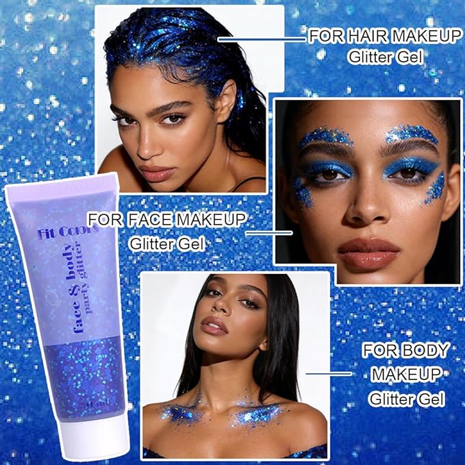 Blue Face Body Hair Glitter Gel for Women and Kids, Monochrome Holographic Mermaid Sequins Chunky Glitter Paint Makeup for Mardi Gras Halloween Festival Rave Outfits Accessories, 1.7oz, #01