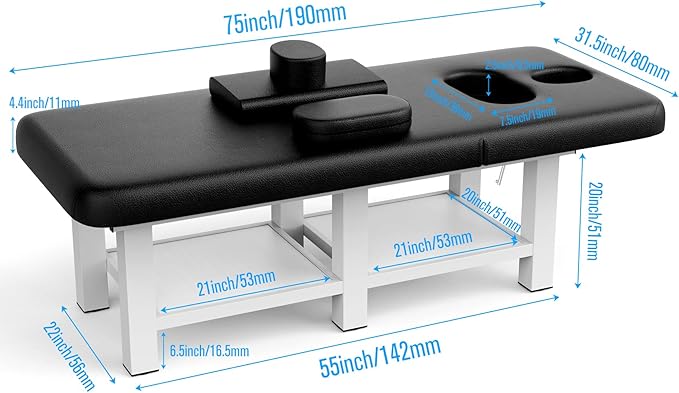 pouseayar 31.5'' Wide × 75'' Long Stationary Massage Table with Backrest and Storage Space for Treatment Table Physical Therapy Table Spa Facial Bed, 6 Square Legs Metal Frame PU Leather - Black