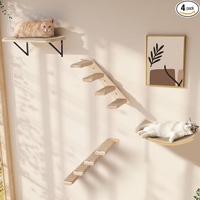 Wall Mounted Cat Shelves Stairs Set, 4 Piece Wood Cats Wall Furniture with Sisal Cat Window Perch, Flat Perch & Dual 4-Step Ladders for Climbing & Scratching