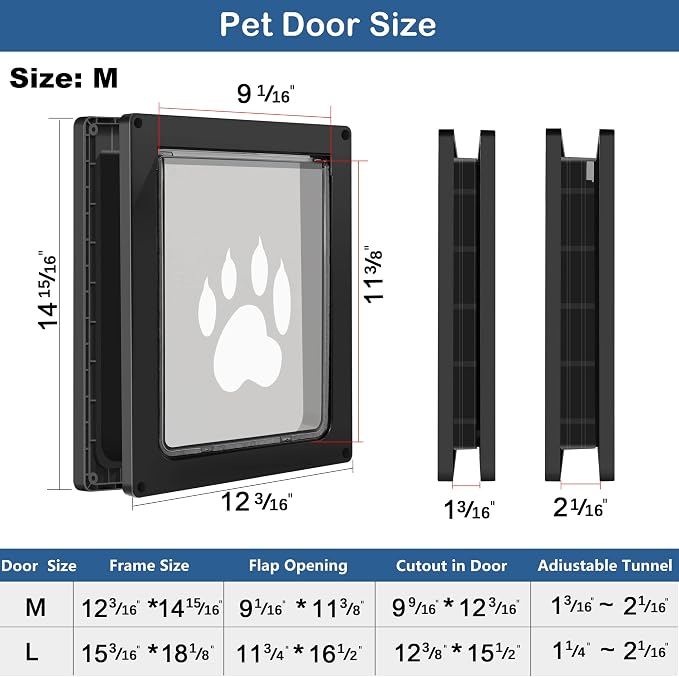 CEESC Medium Dog Door, Snap-in Closing Panel, Up to 35 lbs, Durable, Black | Flap 9.06"x11.38", cut-out 9.56"x12.19". Fits doors 1.25-2.06in. Weatherproof ABS, magnetic seal
