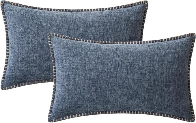 MIULEE Decorative Lumbar Throw Pillow Covers 12x20 in Dark Grey Blue 2 Pack | Farmhouse Pillow Covers with Stitched Edge, Soft Chenille Cushion Cases, for Couch Sofa Bed Living Room Home Decor