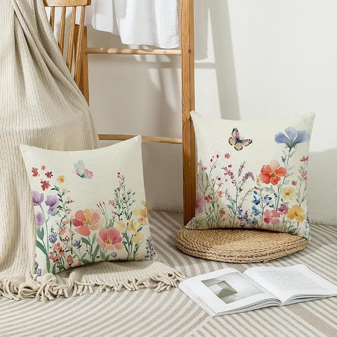 wyooxoo Spring Pillow Covers 18x18 Set of 4 Summer Farmhouse Throw Pillow Covers Floral Butterfly Decorative Cushion Cases for Sofa Couch Patio Bedroom