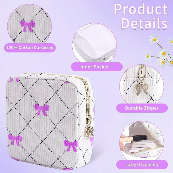 Period Bag for Women - Cute Corduroy Sanitary Napkin Storage Bag with Bow Design | Period Pouch for Daily Use, Travel | Discreet Menstrual Pouch | Pad Bags for Period Holds Pads, Tampons