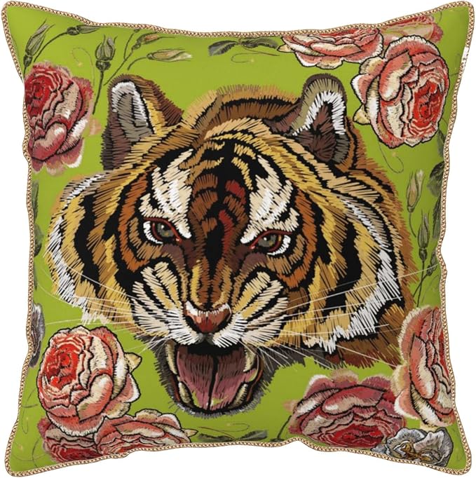 Tiger Flower Green Velvet Pillow Covers 20x20 Inch Pink Floral Animal Throw Pillows for Couch Cushion Covers Pillowcase Farmhouse Modern Pillow Cases for Sofa Bed Living Room Bedroom