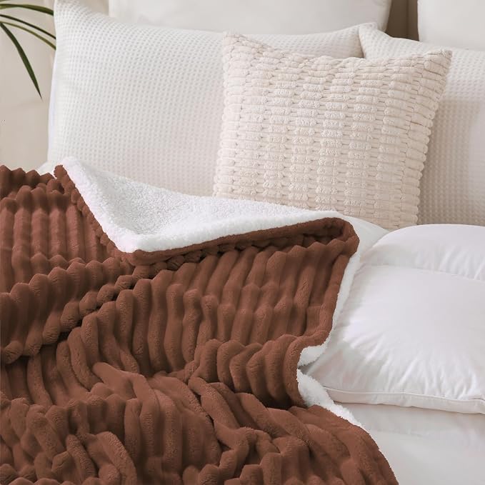 Chocolate Sherpa Fleece Throw Blanket 60”×80”for Couch Sofa Bed | Double Side Soft Fuzzy Cozy Plush Thick Flannel Blanket with Striped Design Gift for Adults,Woman