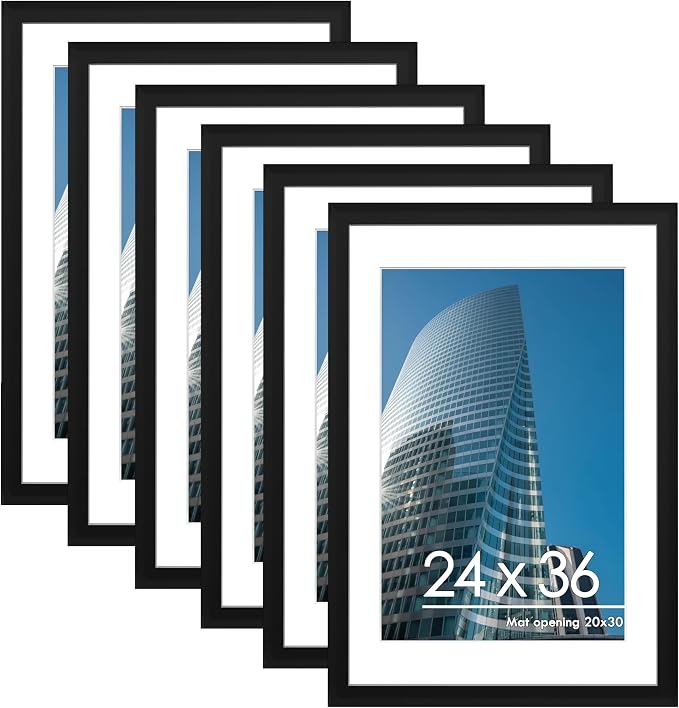 24x36 Poster Frame Set of 6, Wall Mount Display, Black | Display Pictures 20x30 with Mat or 24x36 Without Mat, Horizontal or Vertical, Gallery Wall Frame Set, Wedding Birthday Gifts