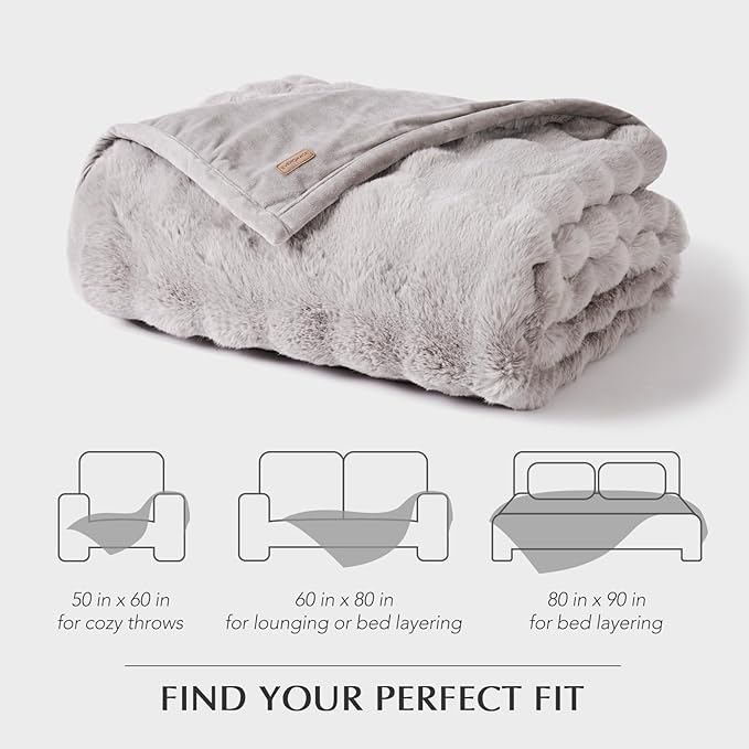 Faux Rabbit Fur Bubble Throw Blanket, 60"x80", Taupe | Ultra Soft, Luxury Faux Rabbit Fur Throw, Thick Warm Bubble Blanket, Cozy Fluffy Reversible, for Bed, Couch, Chair, Sofa