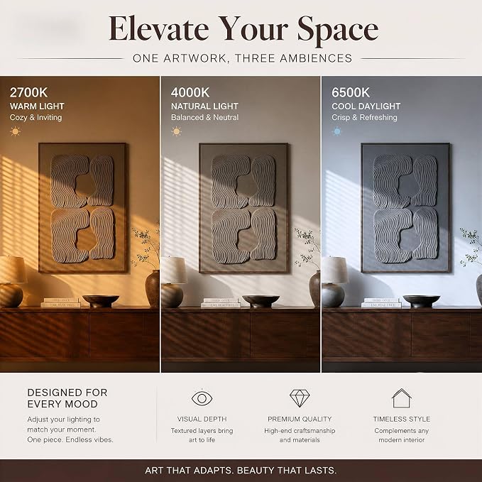 Thalasse Abstract Wall Art Large Framed 3D Oatmeal Beige 24x36 In | Wabi Sabi sandstone relief artwork, solid Catalpa wood frame, minimalist hallway entryway decor, 1 piece