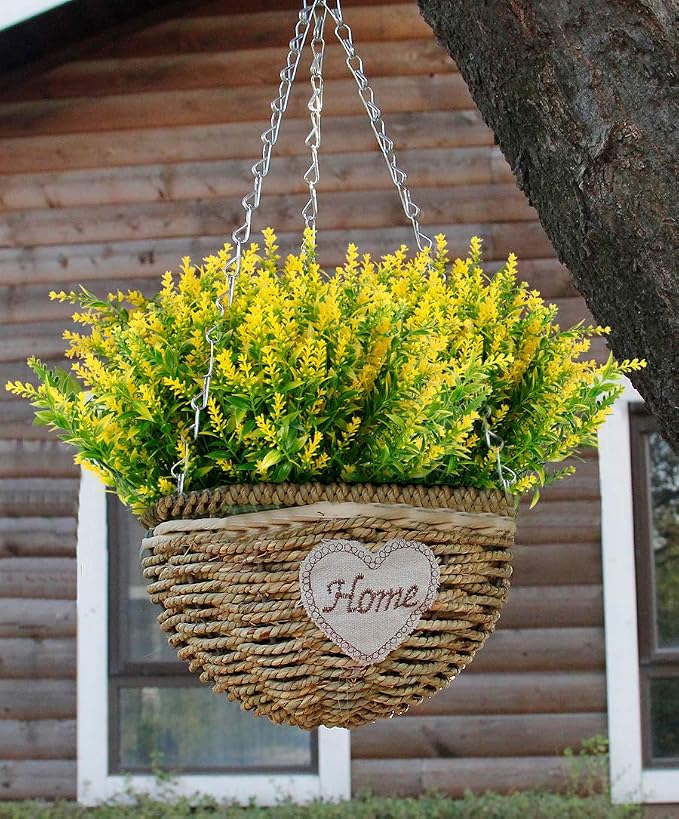 RECUTMS 8Pcs Artificial Lavender Flowers for Outdoor Decoration,Fake Shrubs | Spring Fall Decor,Yellow Faux Flowers For Outdoor Planters UV Resistant Faux Greenery Bushes House Garden Patio Indoor Decor