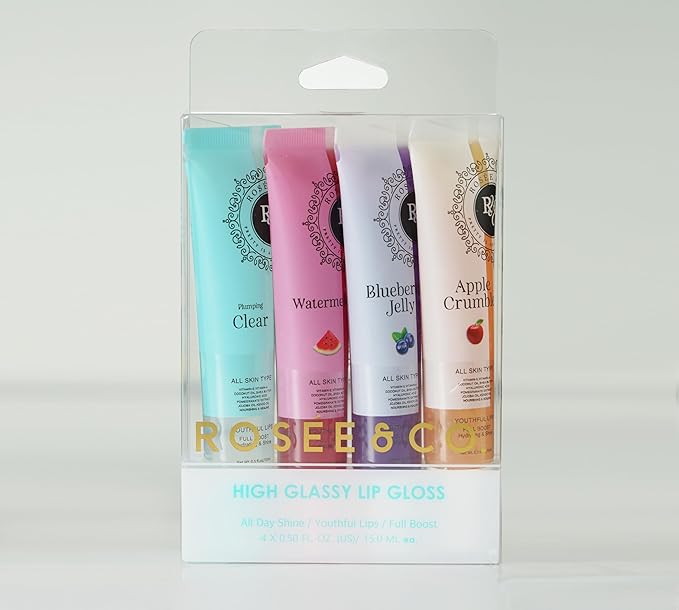 Rosee Lip Gloss Vegan & Cruelty Free Treatment, Professional Make up, Long Lasting Glossy with Shea Butter, Moisturize, Protect & Smooth, High Shine, Non-Sticky (v. Set of 4-3, 0.5)