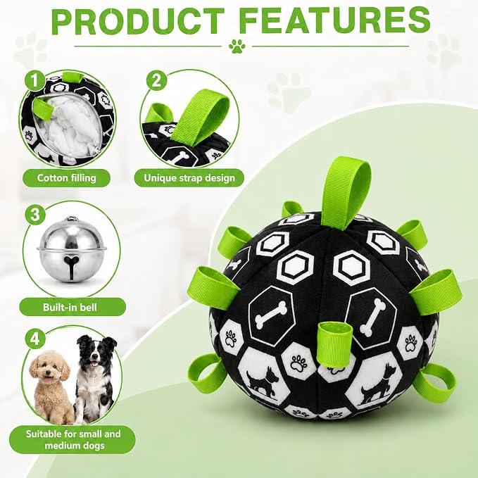 Dog Toys Dog Balls, Dog Soccer Ball Toy with Strap & Built-in Bell