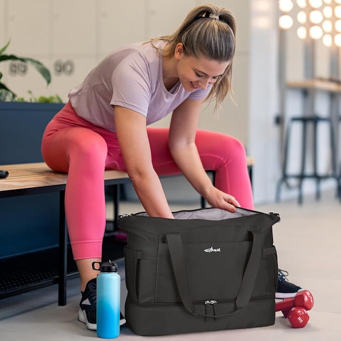 Gym Bag for Women, 45L Carry On Travel Duffel Bag with Shoes Compartment, Weekender Overnight Bag with Wet Pocket for Women, Travel, Gym, Weekend, Large Size