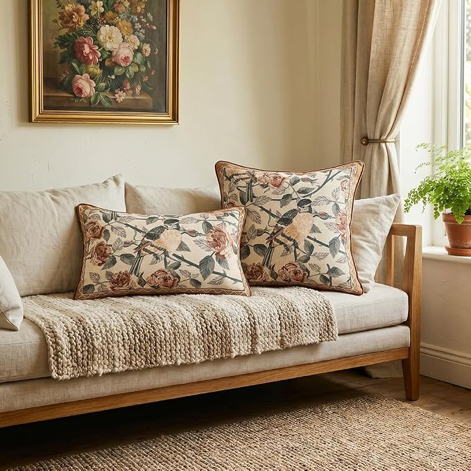 patdrea Designer Vintage Linen Throw Pillow Cover,12"x20"-ParkerEstate B | Decorative Pillow Case with Zipper,Bird and Floral Pattern,Cushion Coverfor Couch Living Room Bedroom Sofa