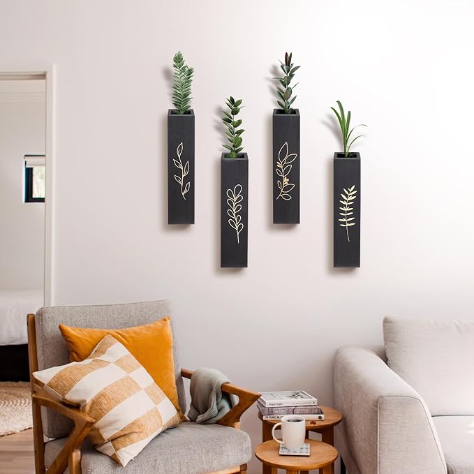 Wooden Wall Vase Planter Set of 4 | Black Finish Farmhouse & Boho Wall Decor for Entryway, Hallway, Bathroom, Living Room, Dining Room