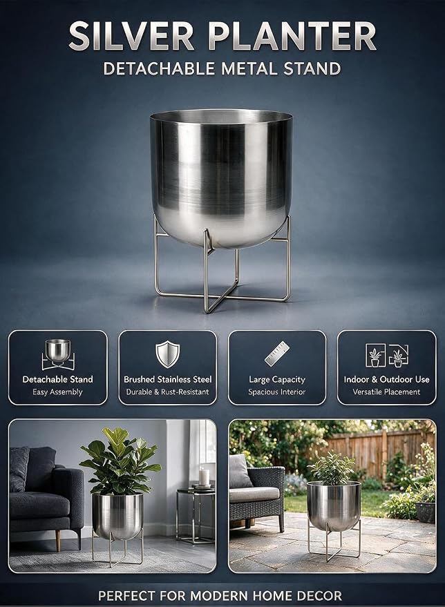 Serene Spaces Living Gold Planter with Detachable Metal Stand, Decorative Indoor Planter Pot, Flower Pots Stand for Living Room, Kitchen, Office, in 3 Sizes (Silver - Wide)