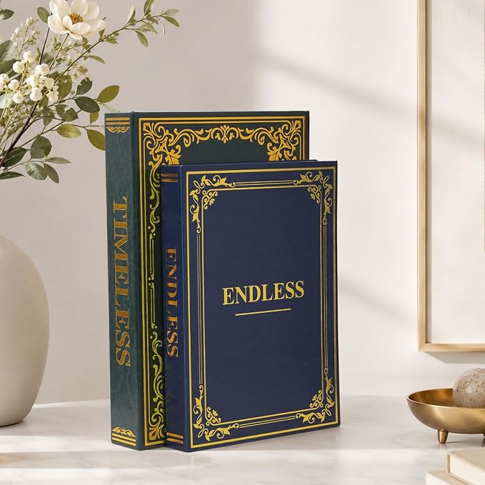 Vintage Decorative Book Storage Box Set of 2, Stylish Faux Leather Decorative Books, Fake Book Storage Box for Bookshelf, Coffee Table, Modern Home Decor, Dark Green & Dark Blue