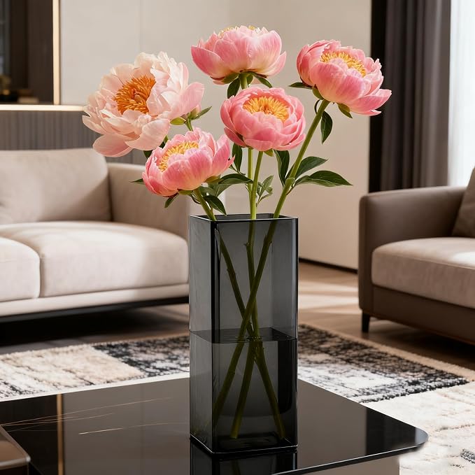 Acrylic Square Flower Vase, Non-breakable Vase, 4" x 4" x 10" Tall Grey Vases for Flower, Large Cube Floral Plant Container, Planter Terrarium for Wedding Party Event, Home Office Decor