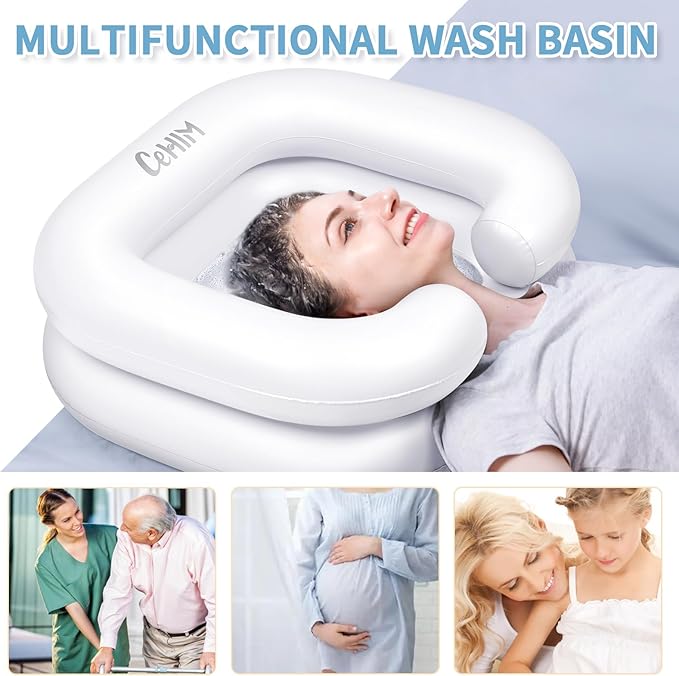 Inflatable Shampoo Basin - Portable Shampoo Bowl, Hair Washing Basin for Bedridden, Disabled,Injured, Hair Wash Tub for Dreadlocks and at Home Sink Washing (White)