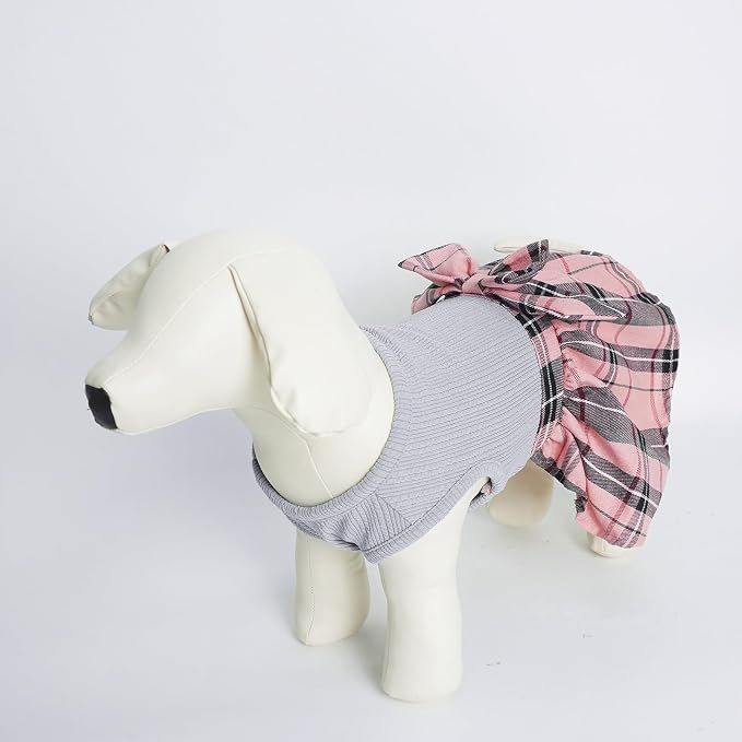PUPTECK Cute Soft Plaid Dog Dress with Bow Puppy Skirt Clothes, Grey Pink L | Breathable Lightweight Adorable Puppy Doggie Pet Clothes Outfits Apparel Costume for Small Medium Large Dogs Girl